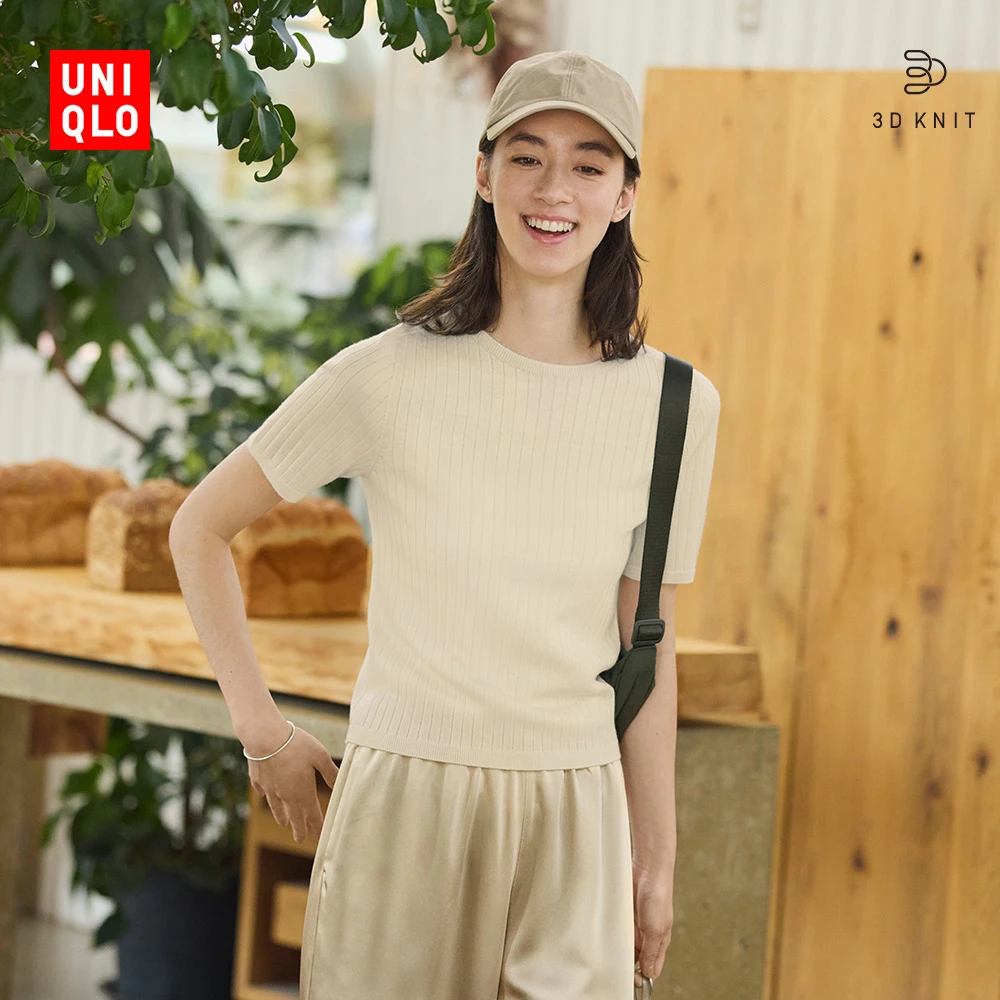 优衣库女装3D精纺美利奴羊毛罗纹圆领针织衫/5分袖480188