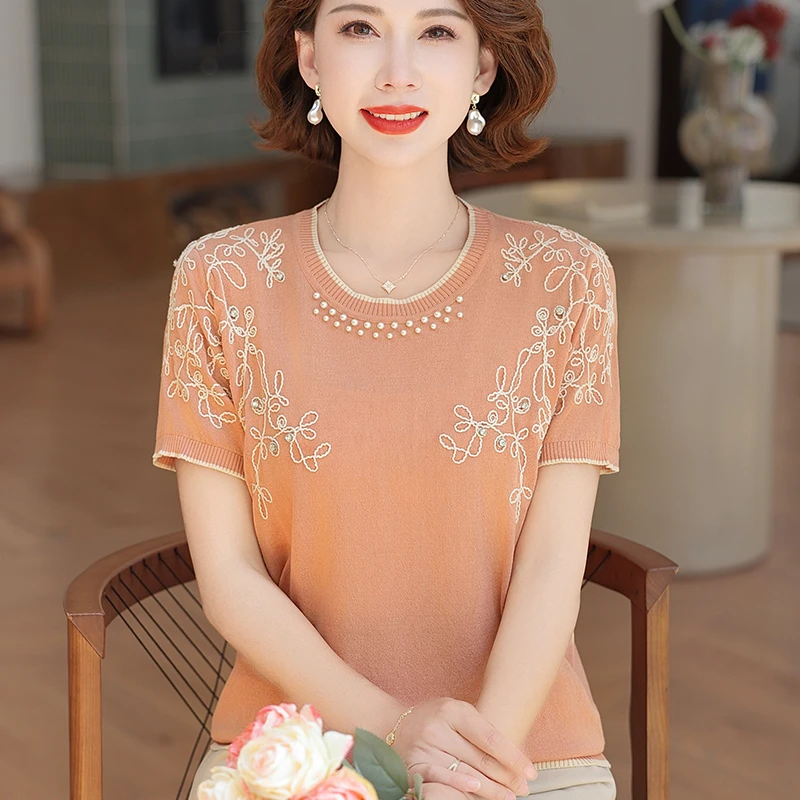 妈妈夏装新款冰丝小衫高档短袖小个子t恤中老年女洋气母亲节衣服