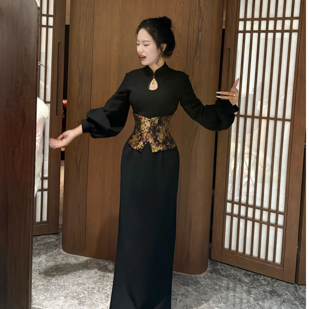 LHMknk1画报夫人原创新中式秋冬气质显瘦旗袍连衣裙 腰封金腰带