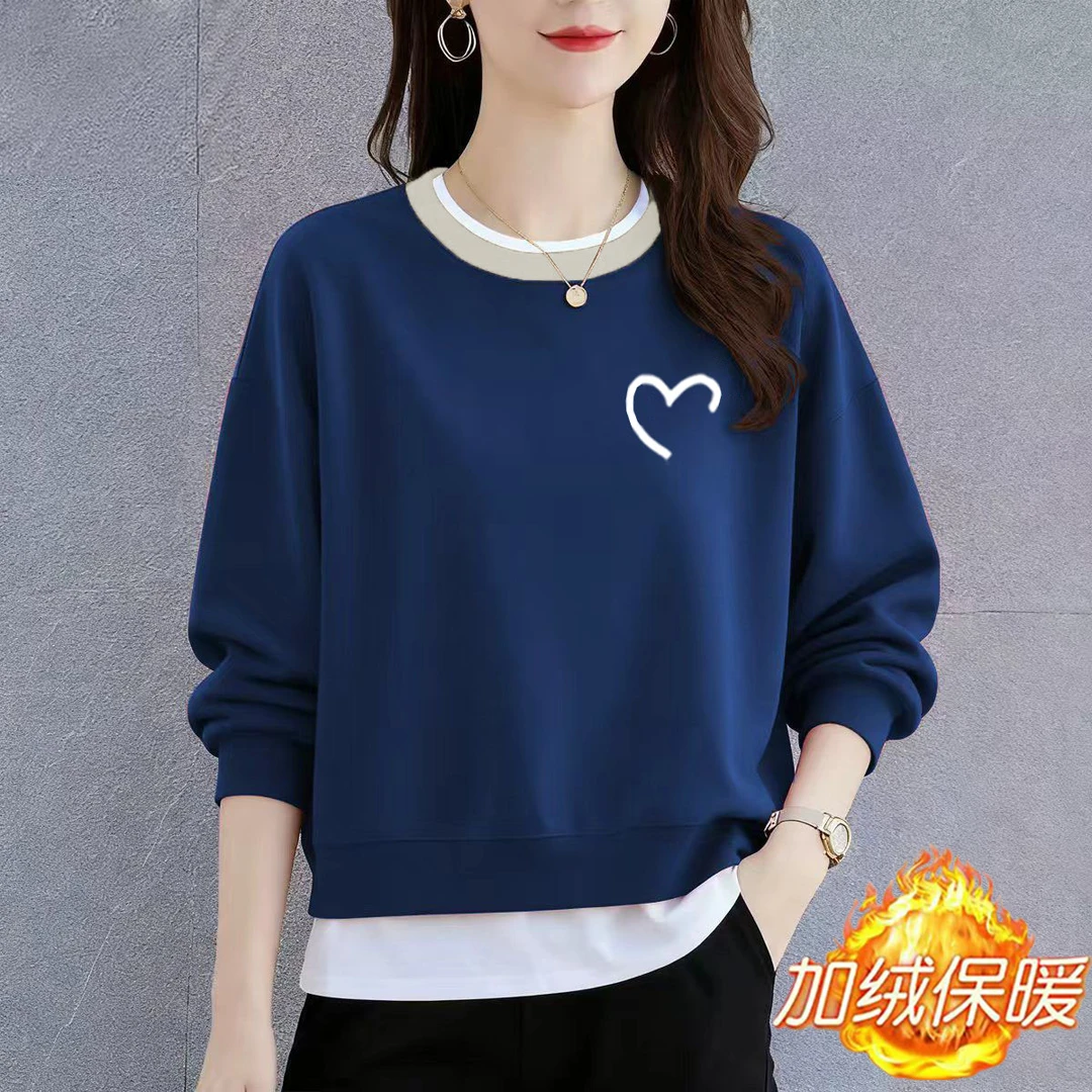 宽松显瘦假两件拼接百搭2025秋冬新款华棉印花短款外套女圆领卫衣