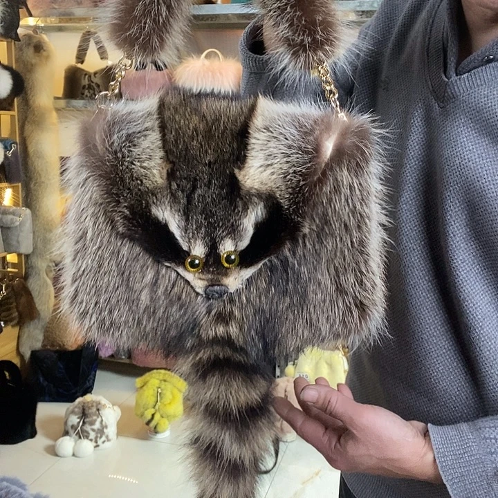 娃叔皮草浣熊毛托特包