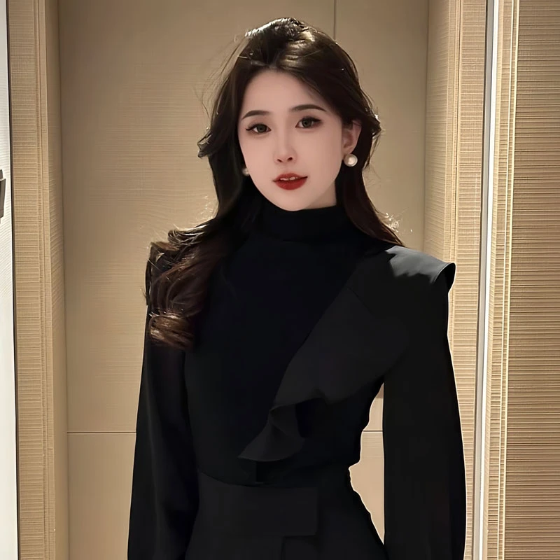 【秀场之光】2025春季新款半高领长袖T恤女时尚修身显瘦上衣9867