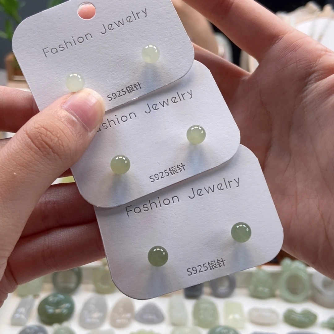 和田玉银S925镶嵌耳饰卡六一组