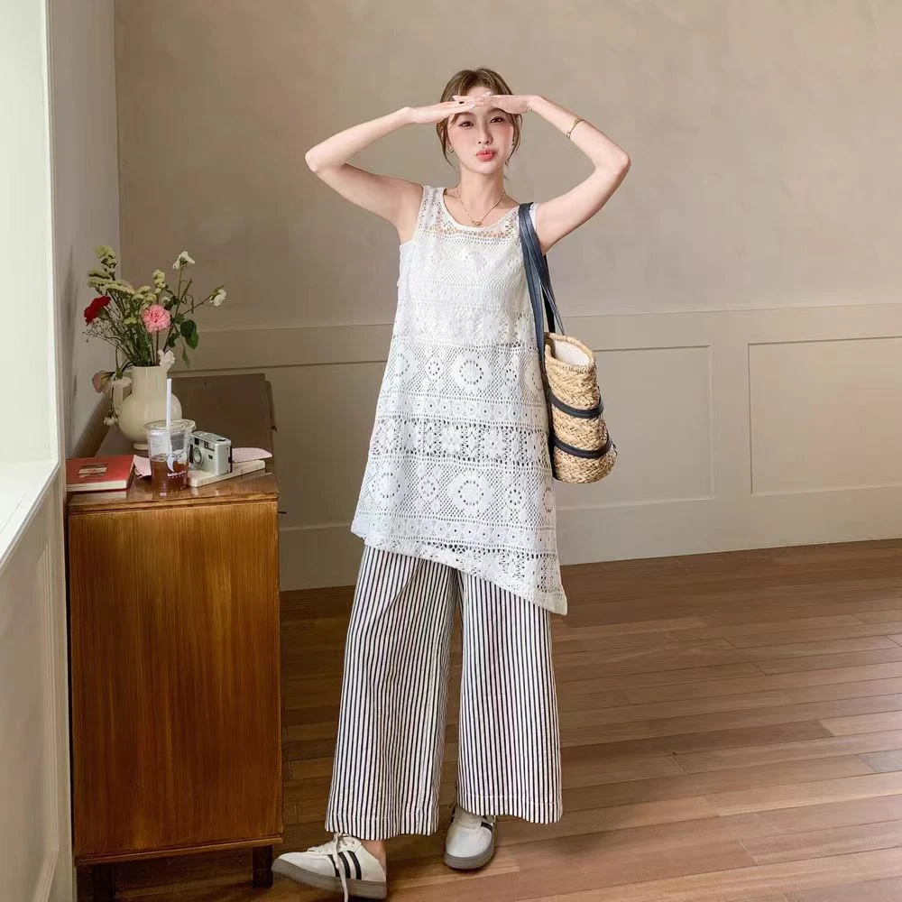 镂空蕾丝无袖上衣套装女2025夏季法式简约条纹阔腿裤淡人百搭套装