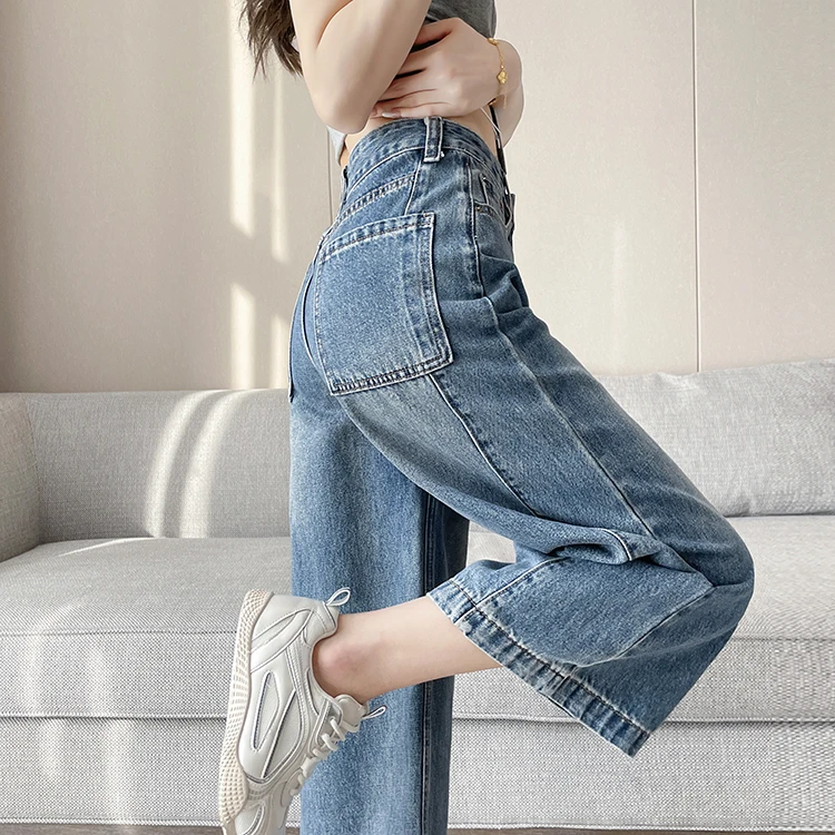梦冷美式高腰阔腿七分牛仔裤女2025年春夏新款复古水洗宽松直筒裤