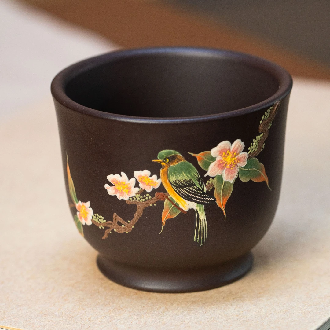 5108原矿紫砂茶具紫罗兰泥料堆绘花鸟主人杯YST180cc