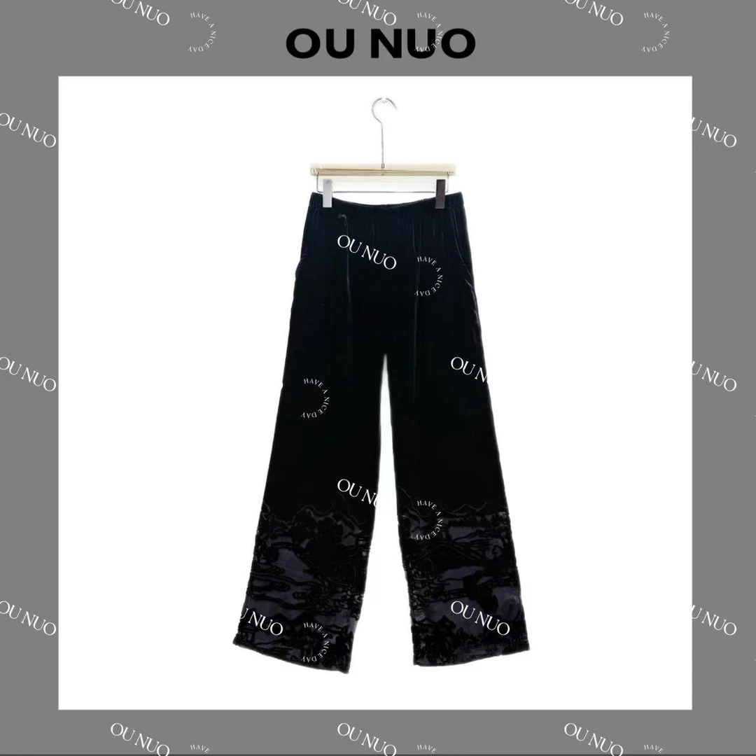 【OU NUO】1896#夏季醋酸丝绒镂空烧花时尚长裤