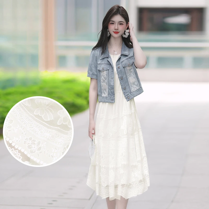 新款牛仔短袖外套无袖显瘦连衣裙春夏时尚减龄牛仔两件套套装