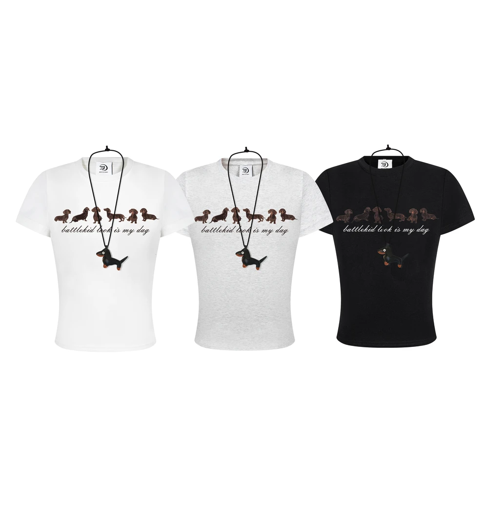 UF 原创国潮美式复古腊肠狗短袖短款T恤女夏季新款紧身修身上衣潮