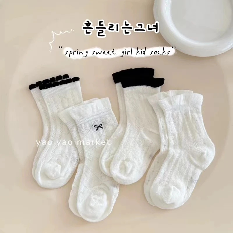 女童袜子夏季薄款网眼袜儿童白色花边公主袜女宝宝无骨韩版中筒袜