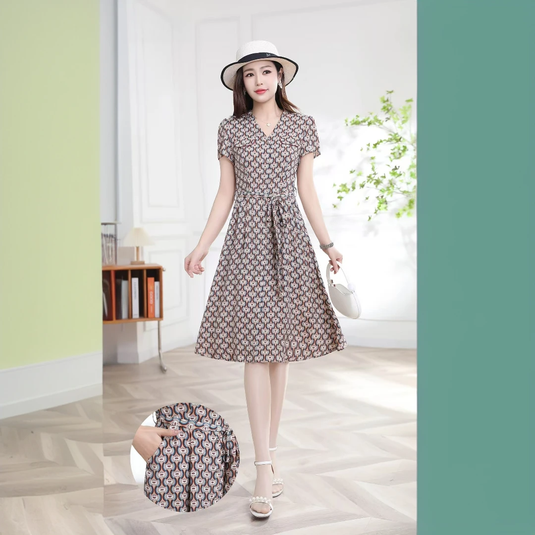 【PL065】纯色显瘦印花斜肩夏季牛仔风韩系中长款高腰连衣裙