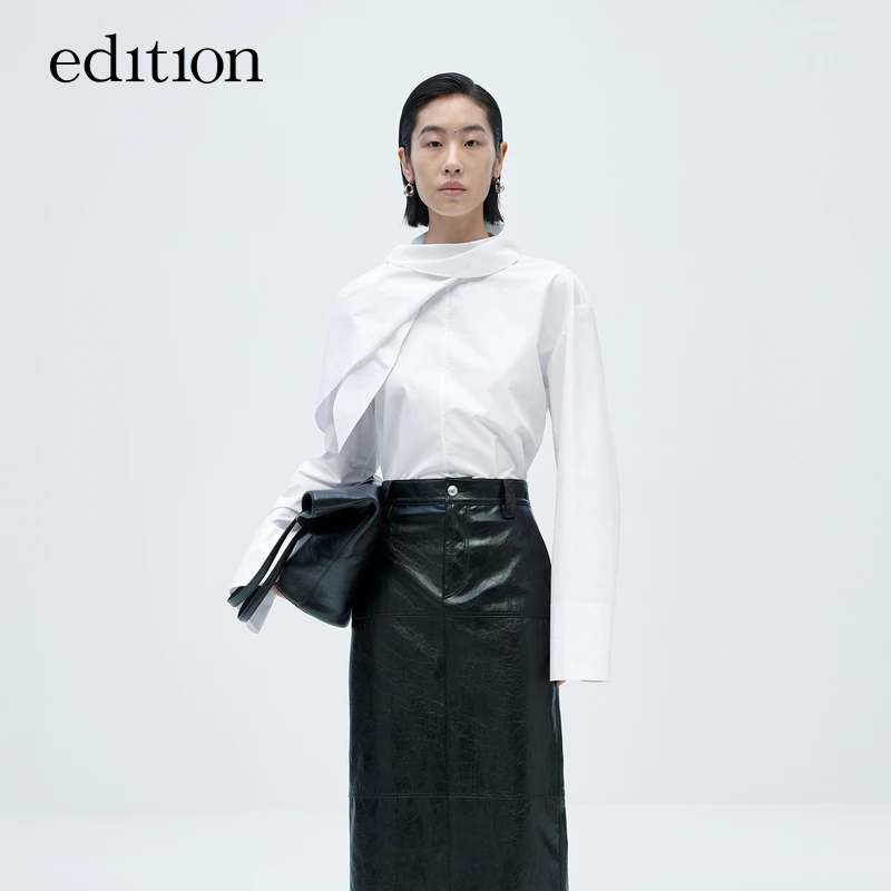 【商场同款】edition新款丝巾领白色棉衬衫女#EBC4TOP008