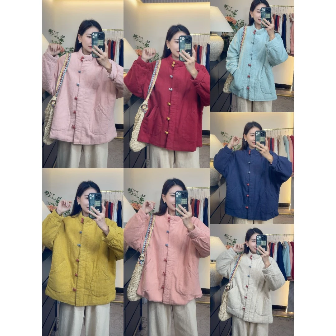 花汐语【彩色缤纷】高品质中款亚麻提花彩扣棉服外套女上衣