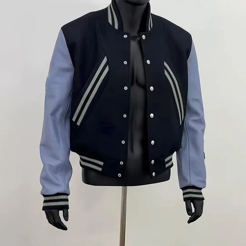 美式高街棒球服男春秋款vibe风短款外套潮牌设计感蓝袖拼接夹克