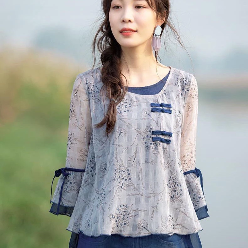 雪纺衫上衣女2022春秋新款复古宽松显瘦遮肚洋气荷叶边百搭衬衫