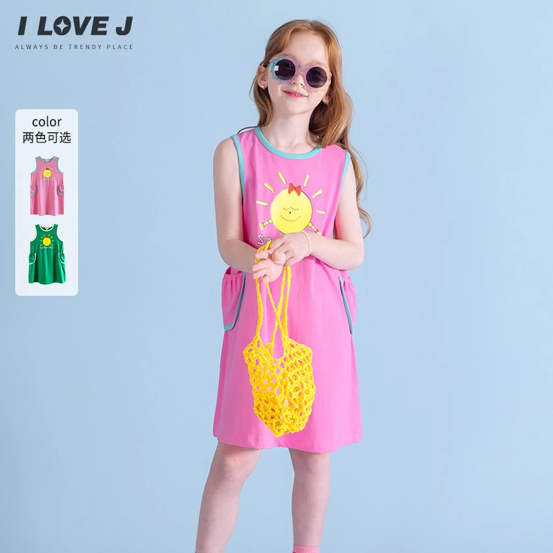 ILOVEJ童装2025夏季新款女童撞色印花无袖弹力连衣裙/JXUOP02