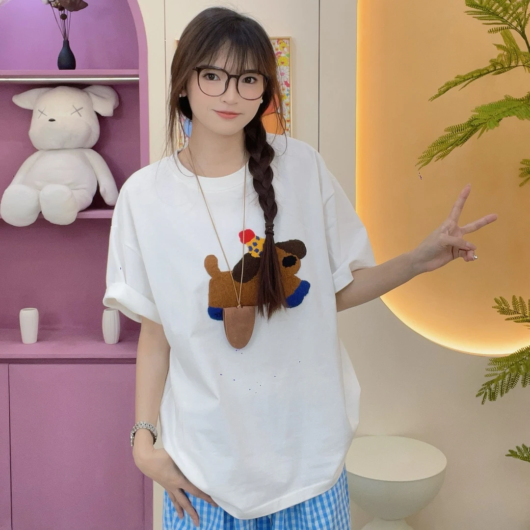 2025夏季新款女装短袖洋气潮牌毛巾绣韩版小狗百搭宽松上衣#CX033