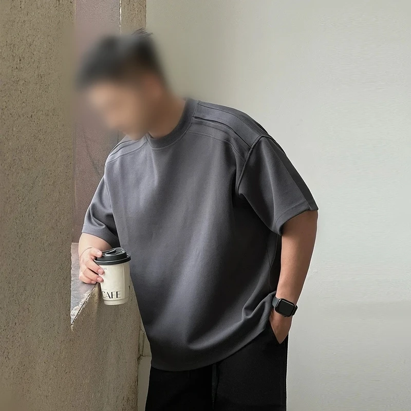 加大码300斤男士轻奢港风穿搭高级感夏季正肩显壮短袖廓形重磅T恤