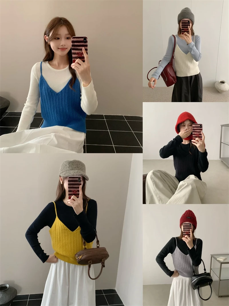 秋季新款韩系修身长袖针织衫吊带背心显瘦两件套