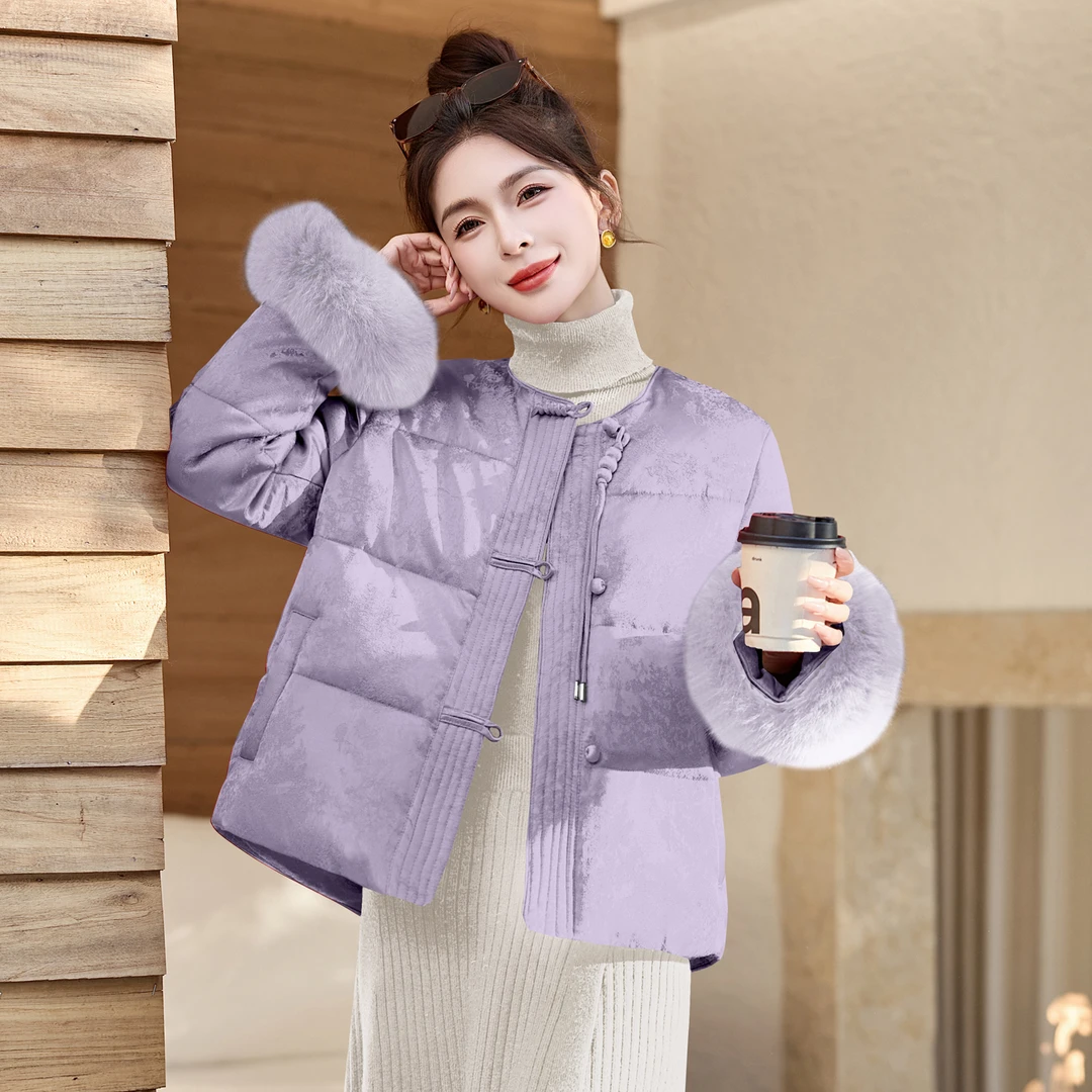 新中式国风提花盘扣羽绒服女2026冬季新款洋气百搭白鸭绒短款外套