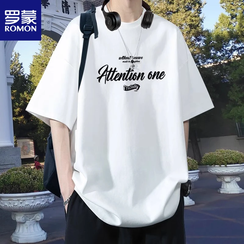 罗蒙夏季纯棉短袖t恤男士新款潮牌宽松青年潮流重磅半袖白上衣