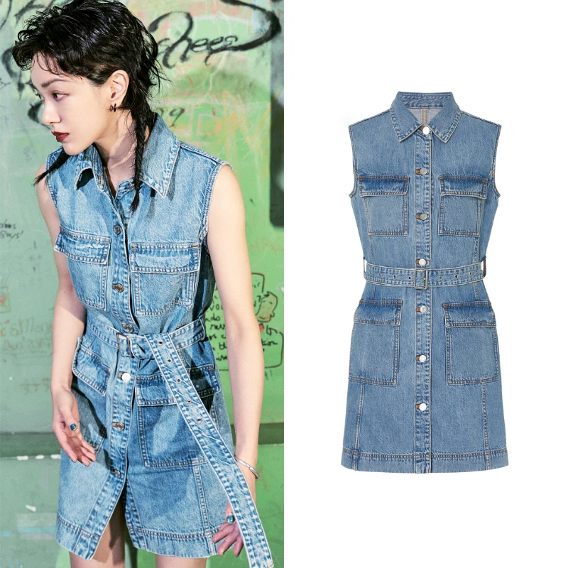 7118【M】郭采洁同款2024夏新品四口袋直身背心牛仔连衣裙附腰带