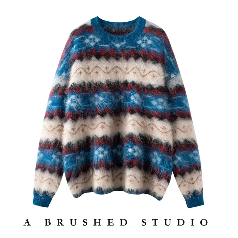 羊绒皮草 100%山羊绒拉绒 【蓝色多瑙河】 费尔岛提花长绒毛衣