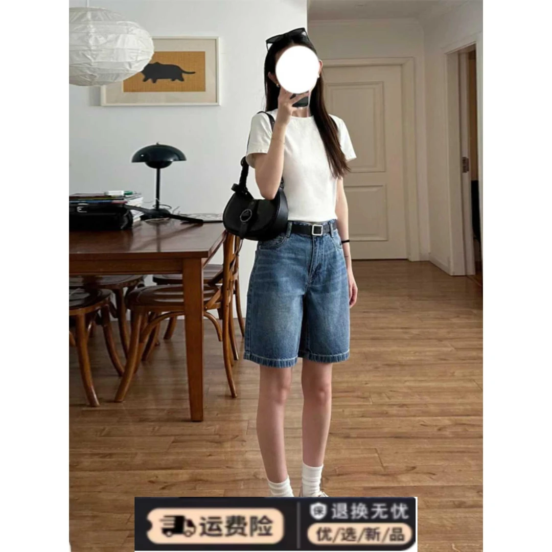 美式复古水洗五分牛仔短裤女高腰遮胯显瘦小个子百搭a字阔腿中裤