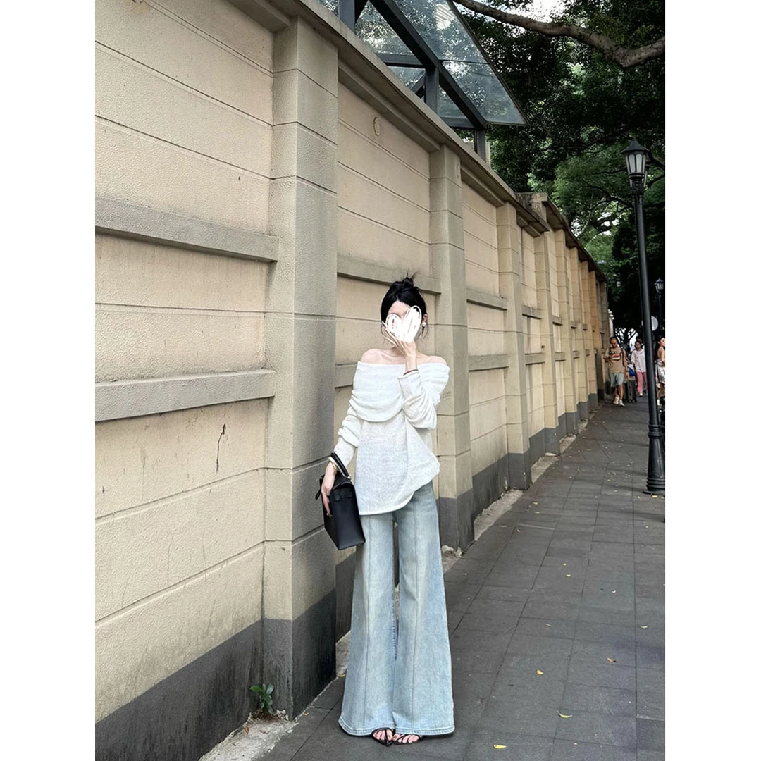 辣妹温柔风毛衣一字领露肩长袖针织衫女秋季新款修身显瘦气质上衣