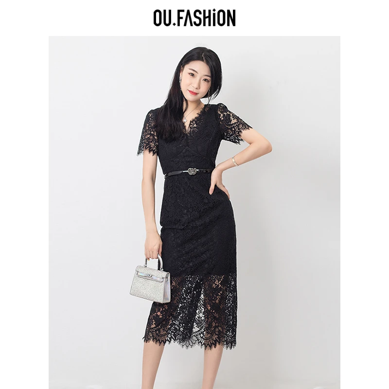 OU.FASHION/欧点优雅气质名媛v领蕾丝连衣裙夏季中长裙6122290080