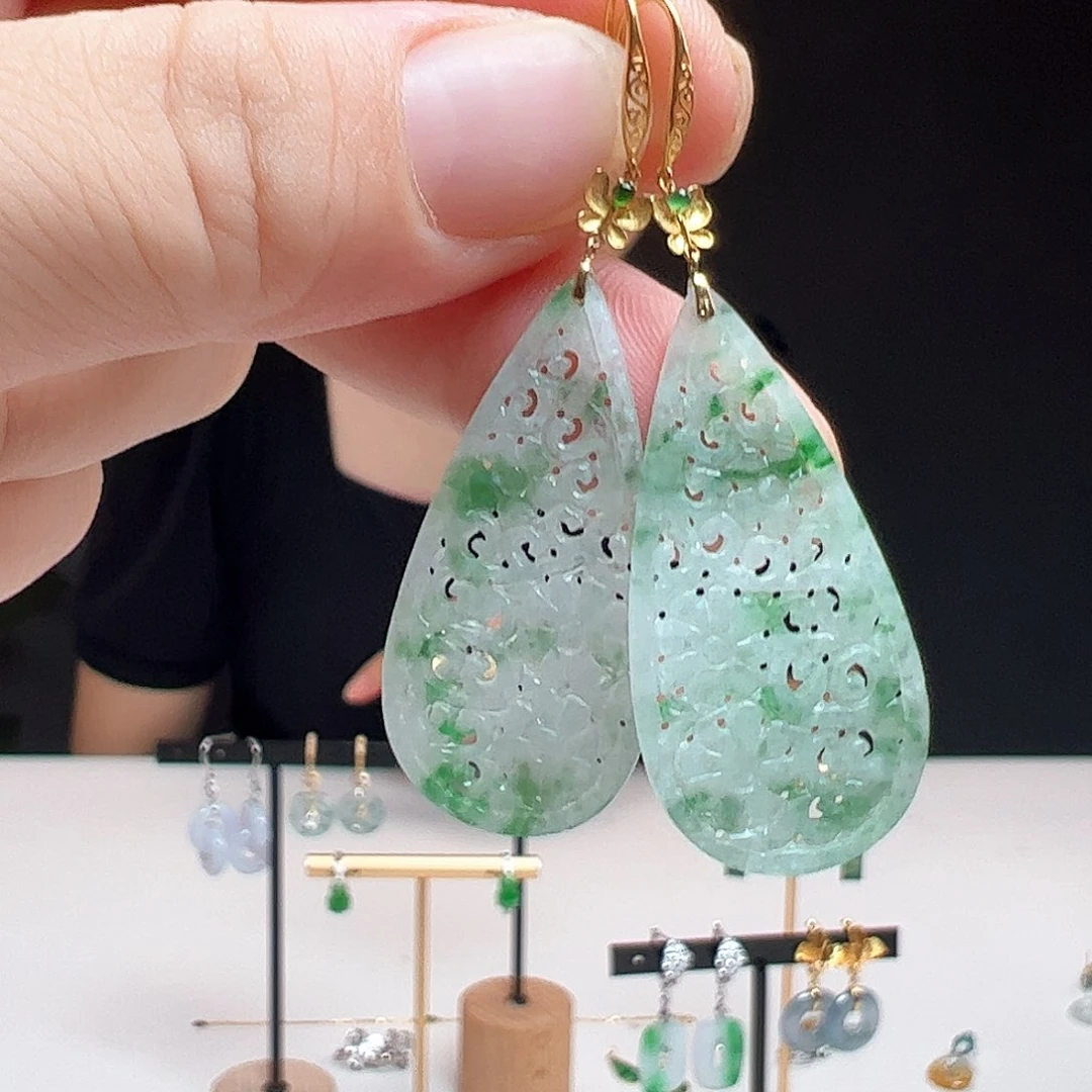 翡翠18K金镶嵌耳饰天然翡翠