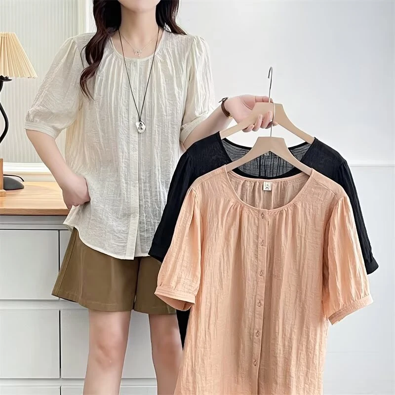 大码女装短袖常规宽松型夏季薄款拼接衬衫上衣百搭小衫衬衣女