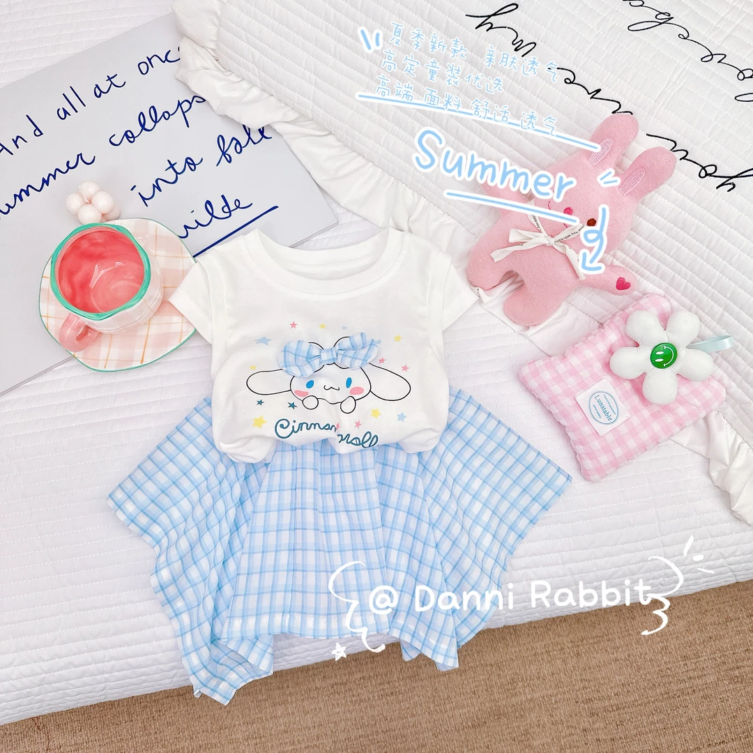 「Dannirabbit」【甜美风】微笑小狗立体蝴蝶结儿童格子套装【G-6573】