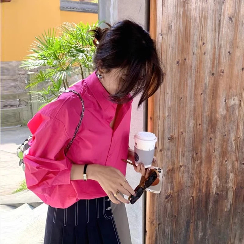 玫红色衬衫女2025年新款春秋季外穿上衣休闲时尚韩版复古百搭衬衣