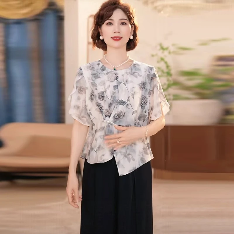 2025新款妈妈装夏季时尚气质中年女装宽松洋气小衫印花百搭套装女