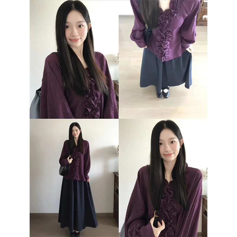韩系紫色荷叶边衬衫慵懒新款V领法式设计感上衣女显瘦半身长裙