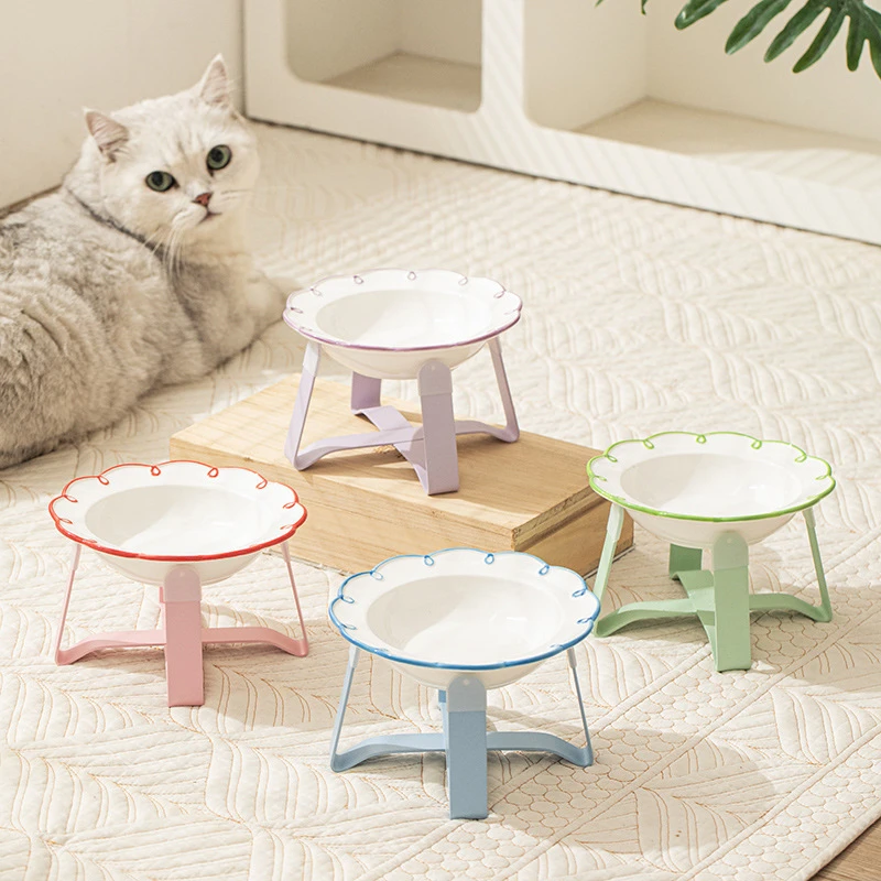 花造型猫碗陶瓷防打翻大口径猫咪水碗猫食盆狗碗保护颈椎防黑下巴