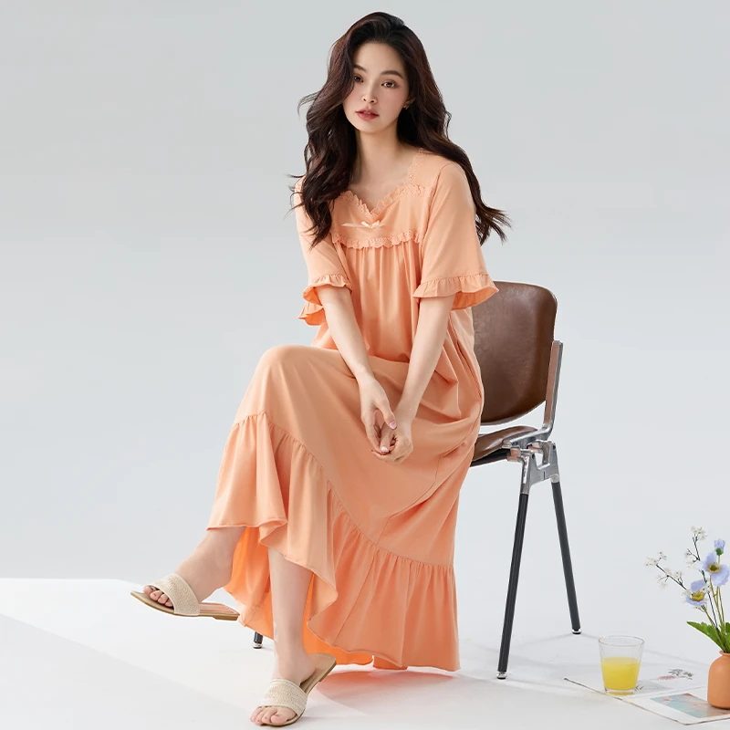 莫代尔睡裙女夏季短袖长款连衣裙子冰丝凉感宽松加大码纯色家居服