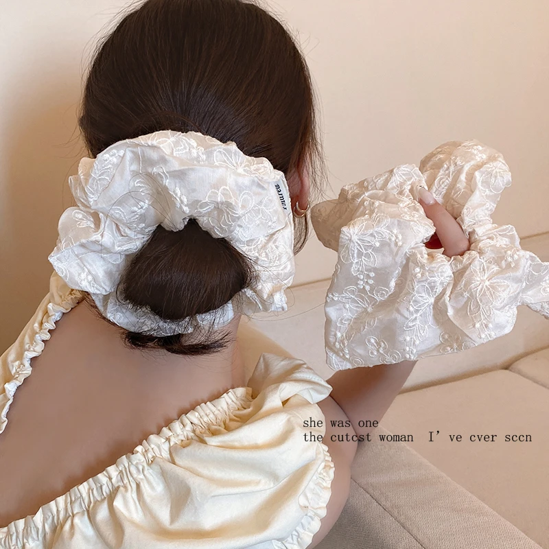 韩系奶白色印花方巾大肠发圈女2025新款甜美头圈发绳丸子头发饰品