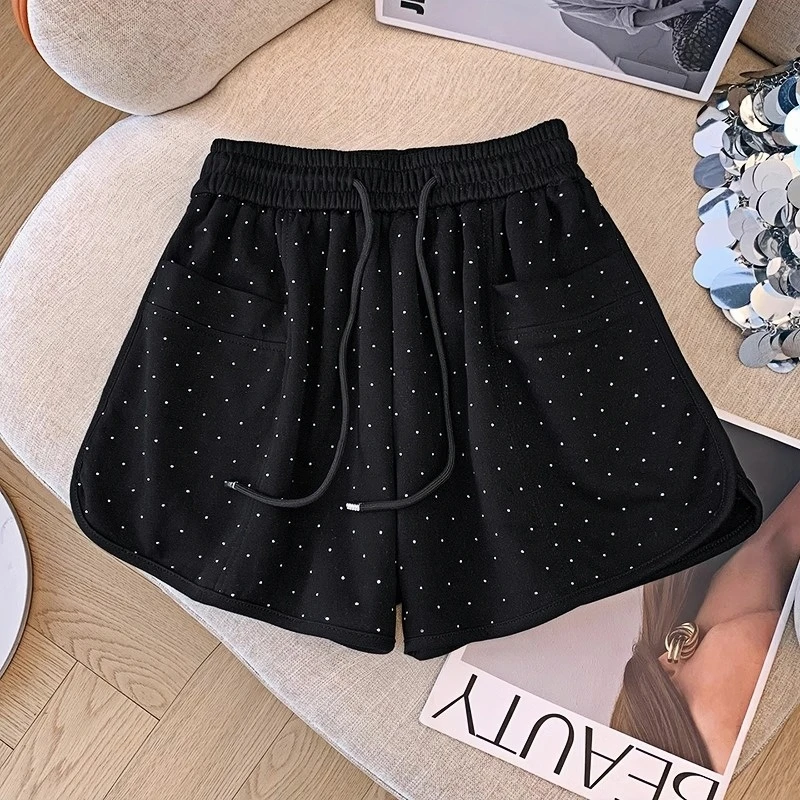 休闲短裤女夏季潮流韩版高腰显瘦宽松烫钻松紧腰百搭外穿运动短裤