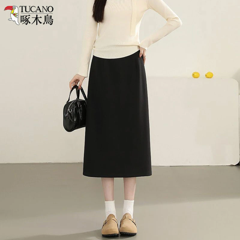 TUCANO/啄木鳥小个子中长款包臀裙秋冬高腰过膝黑色毛呢半身裙子