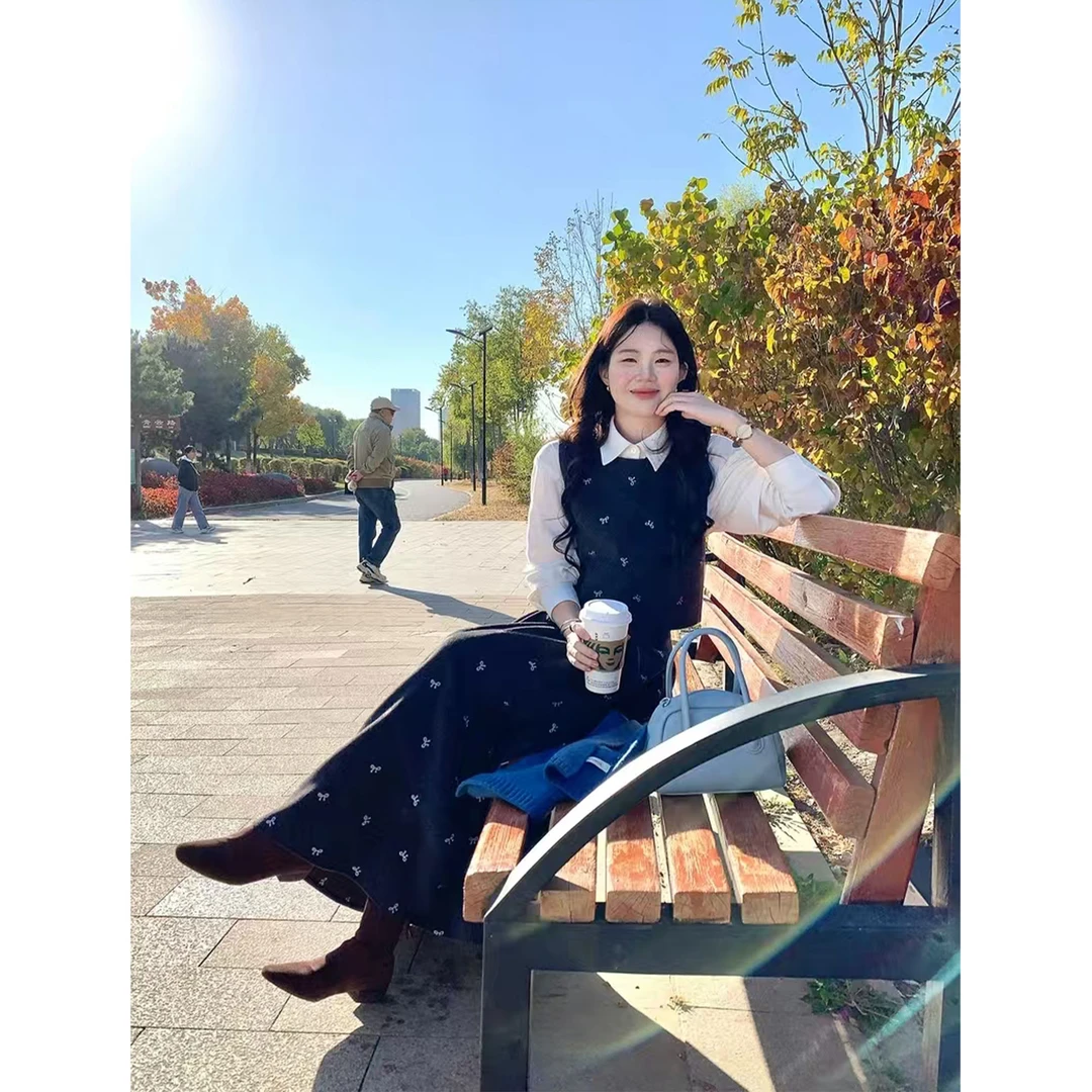 火火火灰色韩版毛呢马甲女背心衬衫上衣半身裙长裙时尚套装秋冬季