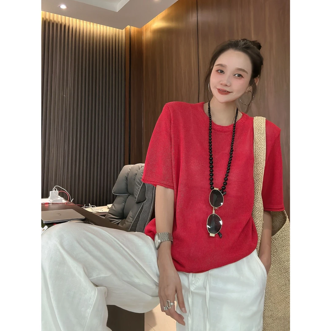 圆领薄款冰丝短袖针织衫女2025新款夏季小衫独特漂亮女士针织上衣