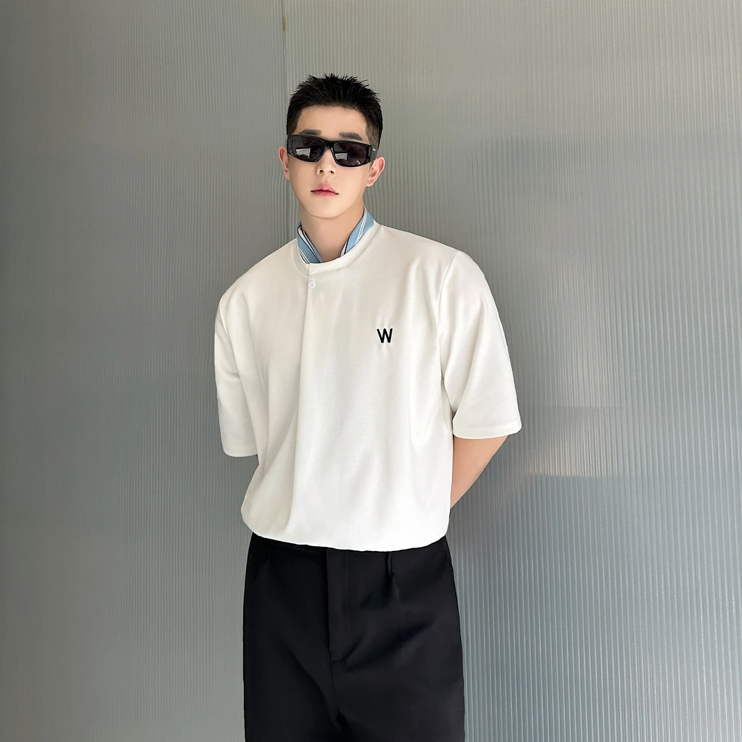夏季韩国高级感一粒扣短袖T恤男设计感韩版百搭网红极简风套头t恤