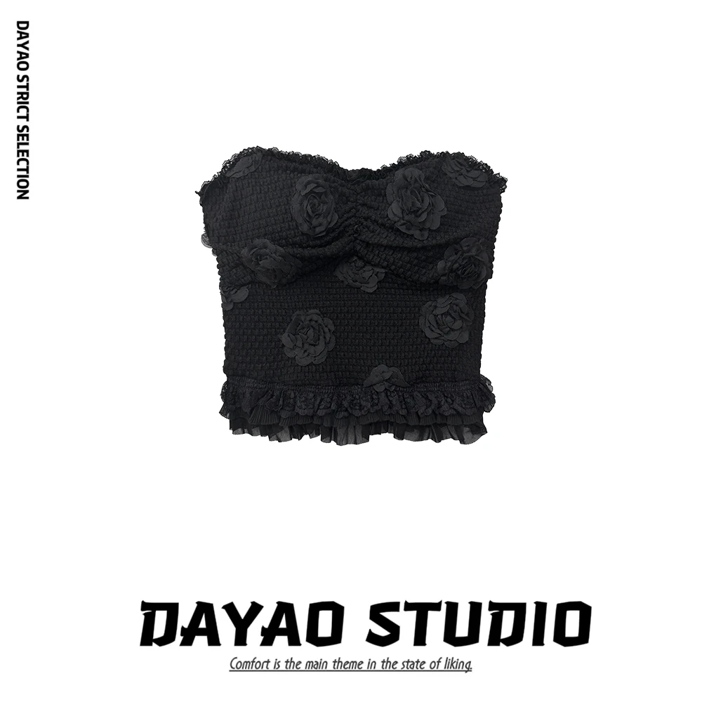 【玫瑰日记】蕾丝立体花朵抹胸背心小上衣 有胸垫