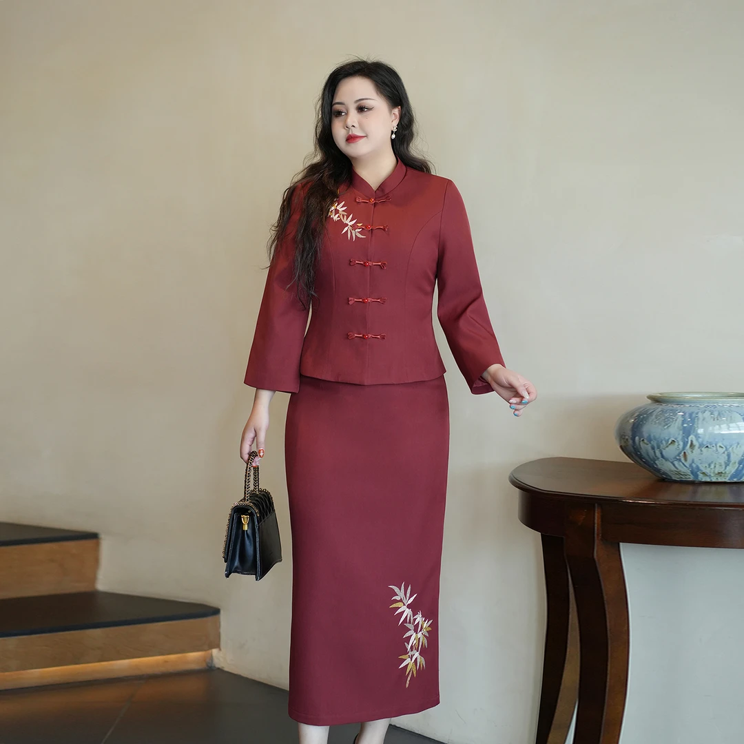 【梧桐秋色】大码女装新中式旗袍套装2025秋装新款敬酒服红色两件套