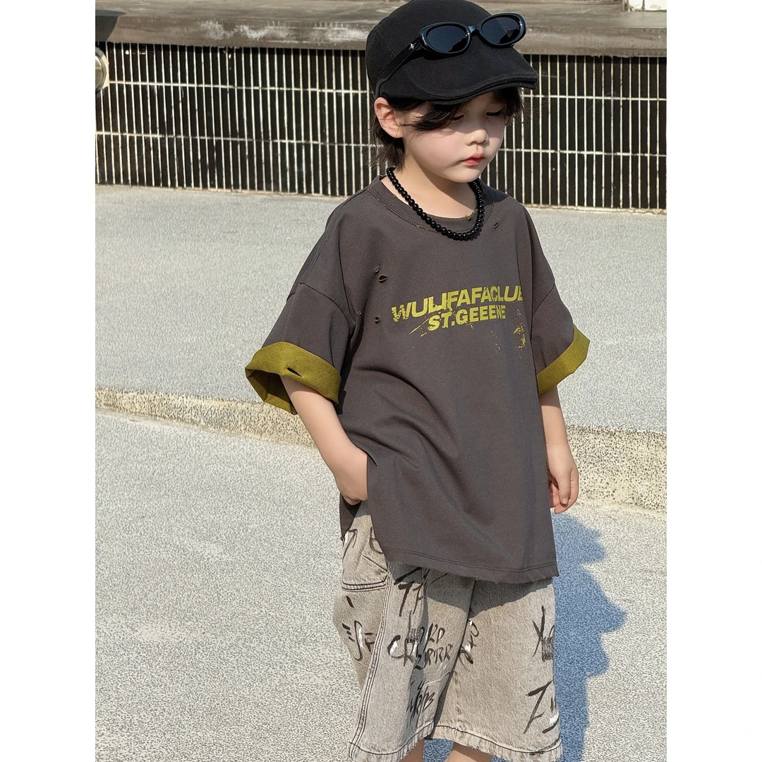 童装儿童T恤夏季半袖上衣2025年短袖男宝男童美式割破做旧撞色潮