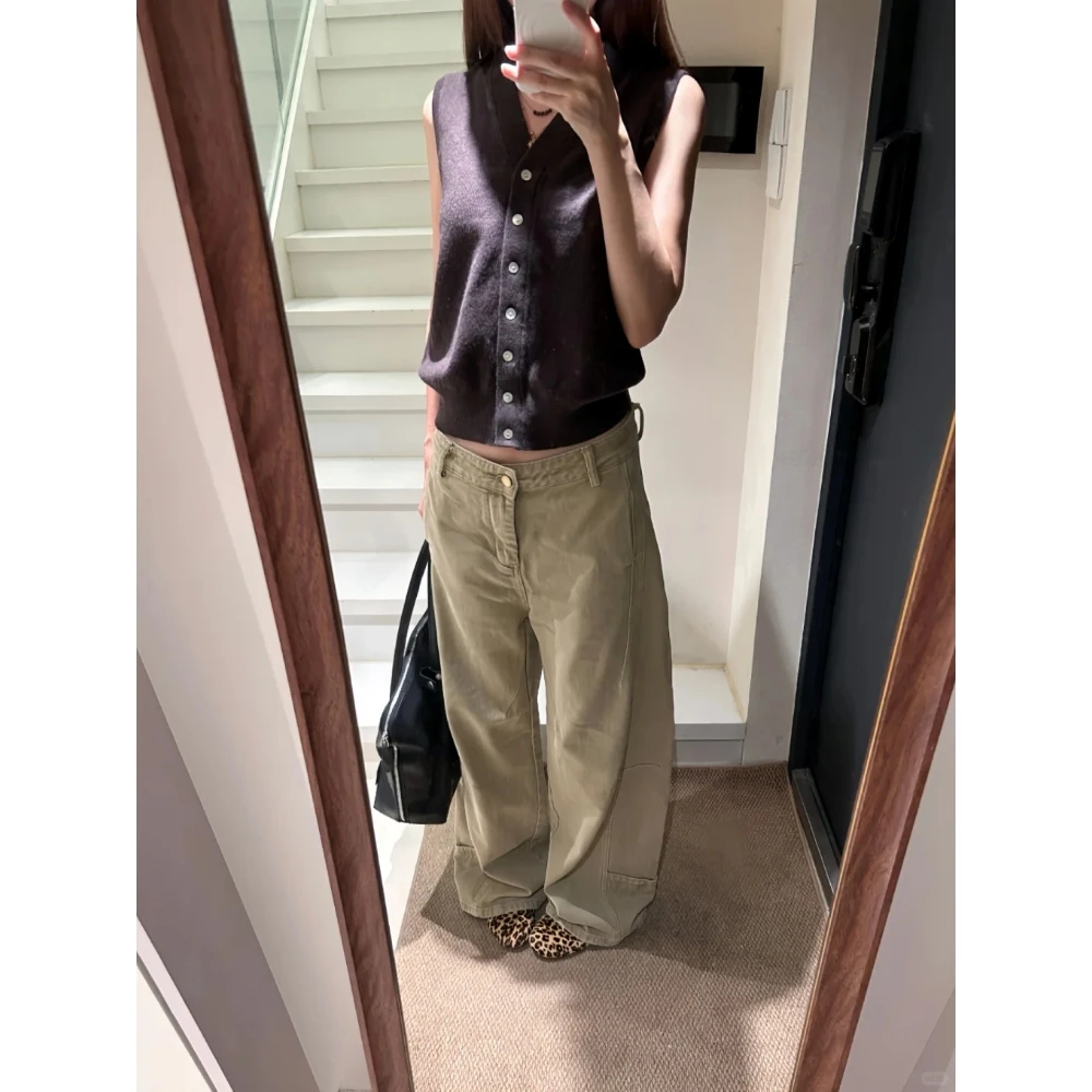 美式复古卡其色简约高级感牛仔裤女2025春季显瘦松弛直筒阔腿裤子