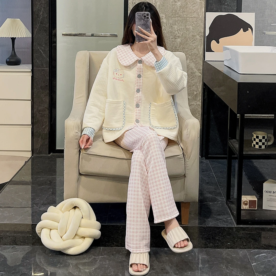 睡衣女秋冬季长袖大码25新款夹层粉格kt猫套装可外穿网红风家居服