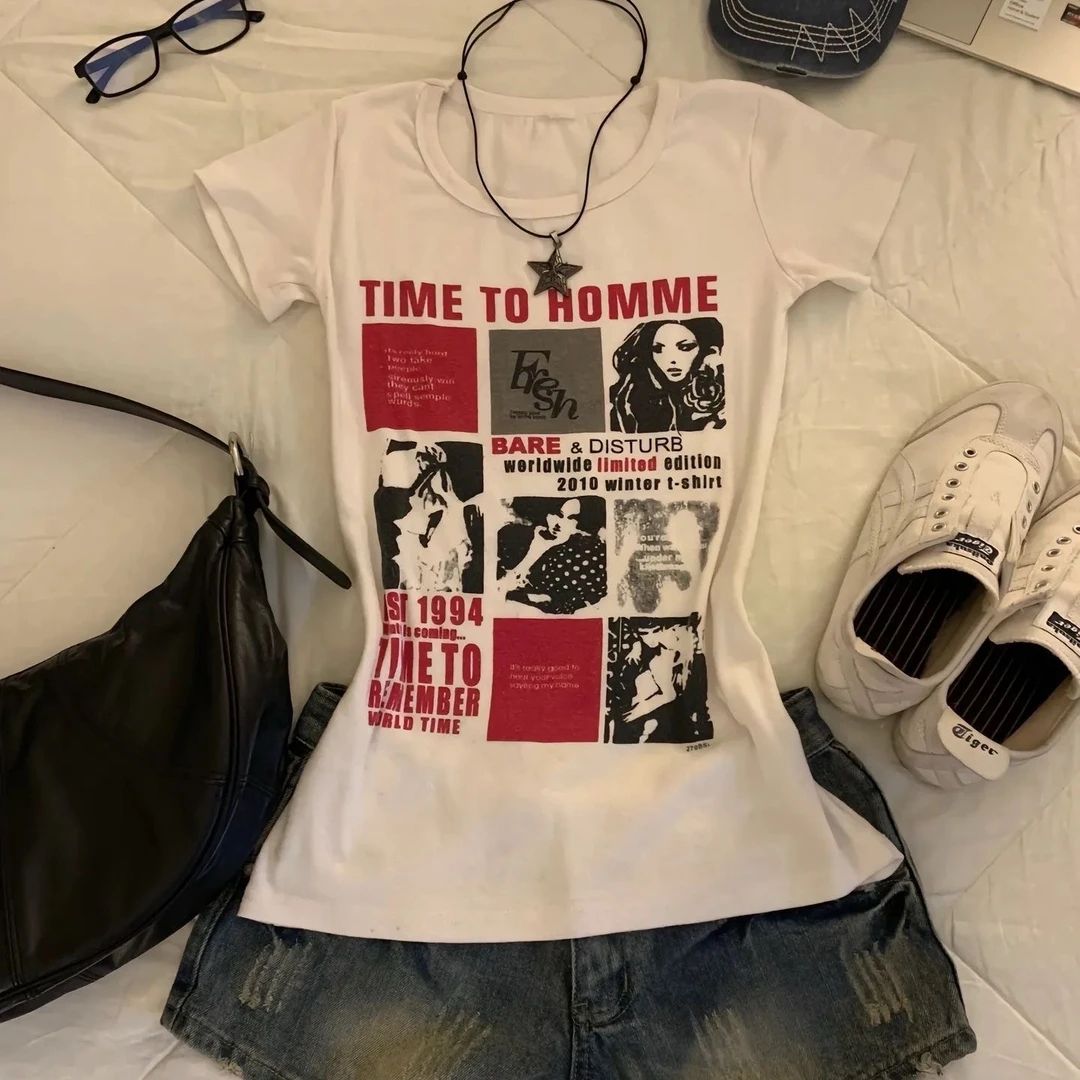 新款美式辣妹纯棉短袖T恤夏季修身设计洋气出游服装女上衣衣服